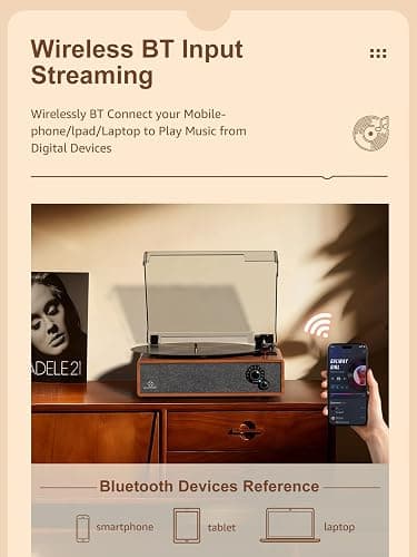Vinyl Record Player Built-in Stereo Speakers Vintage Turntable Vinyl Records LP Phonograph Belt Drive 3 Speed 3 Size Support Wireless Input RCA Output Auto Stop Tone Adjustment Retro Wooden Walnut Red thumbnail 3