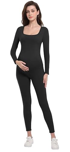 V VOCNI Maternity Jumpsuit Women's Square Neck Long Sleeve Bodycon T Shirts Yoga Leggings Romper Pregnancy Bodysuit thumbnail 4