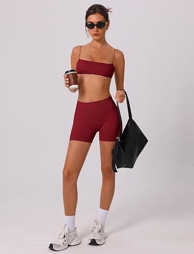 ABOCIW Workout Sets for Women Seamless Bandeau Strappy Sports Bra Scrunch Butt High Waist Biker Shorts Gym Set 2 Piece thumbnail 6