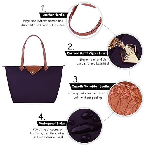 BOJLY Tote Bags for Women Stylish Waterproof Nylon Ladies Shoulder Bag Top Handle Handbag Folding Beach Travel Bag for Work,Shopping, School - Deep Purple - S thumbnail 3