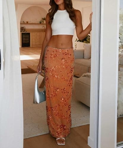 Women Sequin Bead Maxi Skirt Y2K Sparkly High Waist Bodycon Skirt Night Out Party Glitter Long Skirt thumbnail 2