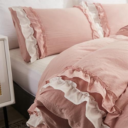 Koudi Pink Ruffled Duvet Cover Set Full Size Shabby Chic White Ruffle Fringe Comforter Cover Solid Color Vintage Farmhouse Bedding Set Soft Microfiber with Zipper Ties thumbnail 7