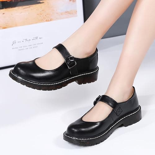 XMM Mary Jane Shoes Women Oxford Shoes Leather Round Toe Flats Non-Slip Ankle Buckle Strap Comfort Casual Dressy Cosplay Party School Work Shoes thumbnail 8