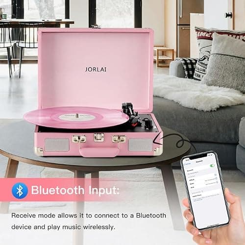 JORLAI Pink Vinyl Record Player 3 Speeds Portable Suitcase Turntable with Built-in Dual Speakers, Bluetooth Gramophone with Built-in Battery 3.5mm Aux Input/RCA Output thumbnail 3