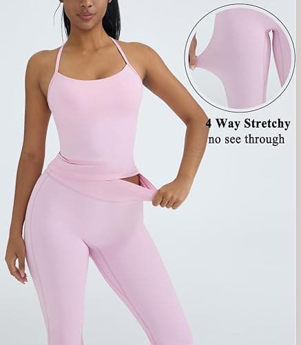 OMKAGI 2 Piece Workout Sets for Women Padded Tank Tops Flare Leggings Pilates Outfits thumbnail 4