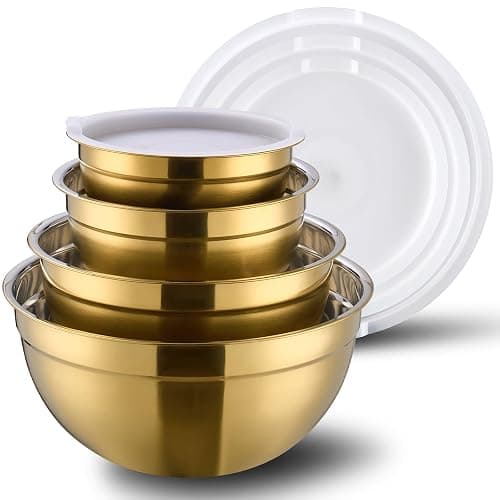DINYWOW 4 Piece Gold Mixing Bowls With Lids for Kitchen, Stainless Steel Set Ideal for Baking, Prepping, Cooking and Serving Food, Nesting Metal Bowls for Space Saving Storage - Image 1