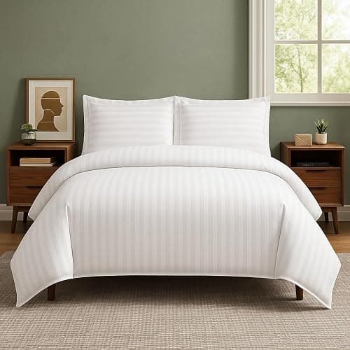 MIA we dress your home Luxury Double Duvet Cover Set - Hotel Quality Satin Stripe White Bedding Set Comforter Quilt Cover With 2 Pillowcases Zip Closure (White, Double) thumbnail 4