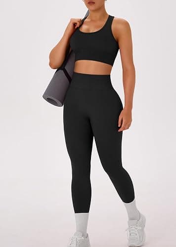 OLCHEE Womens Workout Sets 2 Piece Racerback Sports Bra High Waist Leggings | Seamless Gym Set, Yoga Pilates Outfit, Matching Athletic Clothing, Activewear, Scoop Neck, Padded, High Waist thumbnail 4