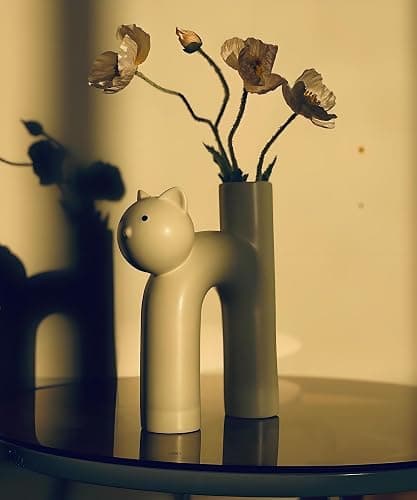 GeLive Cat Ceramic Vase Kitty Bud Vase Waterproof Flower Vase Plant Holder, Handmade Artistic Table Centerpieces Home Decor for Cat Lovers, Unique Gift Idea (Cream White) thumbnail 4