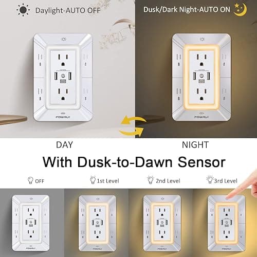POWRUI Multi Plug 6 Outlet Surge Protector Extender with 3 USB Ports (1 USB C) and Night Light, 3-Sided Power Strip with Adapter Spaced Outlets, ETL Listed, White thumbnail 4