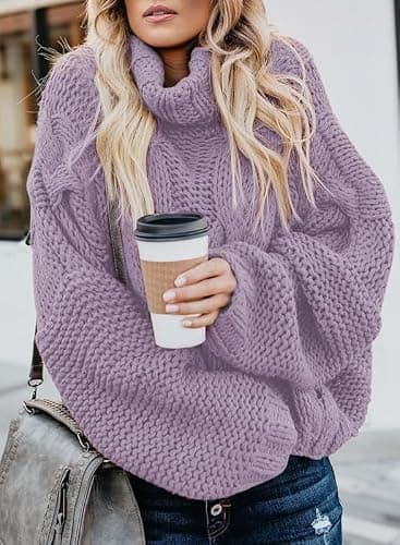 Dokotoo Womens 2025 Winter Fall Solid Turtleneck High Neck Balloon Long Sleeve Sweaters Pullover Outerwear thumbnail 3