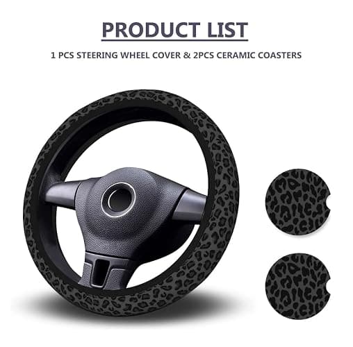 Black Leopard Print Cheetah Elastic Steering Wheel Cover, Non-Slip Neoprene Steering Wheel Cover, Women Leopard Car Accessories, Universal 15 Inch Fit Auto, SUVS, Includes 2 Ceramic Cup Coasters thumbnail 2