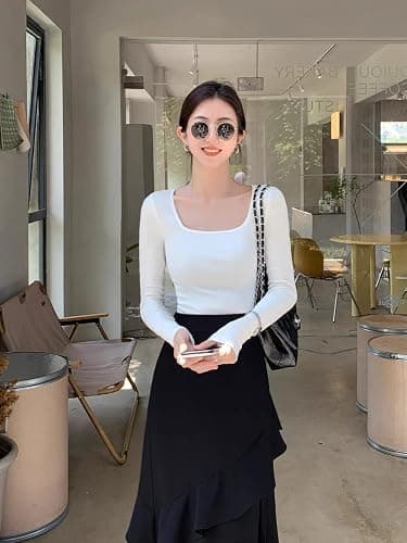 OQQ Women's 2 Piece Bodysuits Sexy Ribbed One Piece Square Neck Long Sleeve Tops thumbnail 4