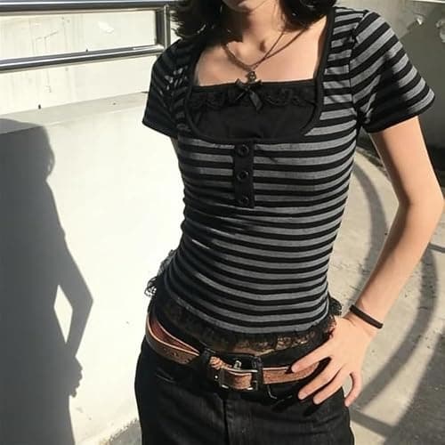 Emo Goth Tops Women Teen Girls Y2k Fairy Grunge Short Sleeve Peplum Blouses Whimsical Gothic Clothes 2000s Shirt thumbnail 2