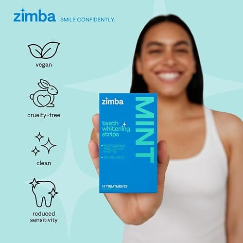 Zimba Teeth Whitening Strips Vegan Whitening Strip Enamel Safe Teeth Whitening Hydrogen Peroxide Teeth Whitener for Coffee, Wine, Tobacco, and Other Stains, 28 Strips (14 Day Treatment), Mint thumbnail 3