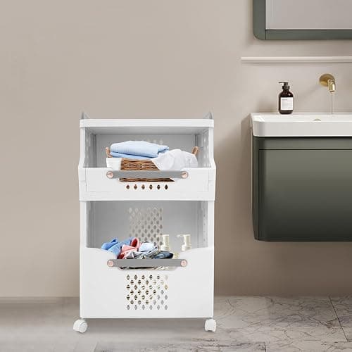 2-Tier Laundry Basket with Wheels, Stackable Storage Bins, Plastic Foldable Laundry Room Bathroom Storage Organizer thumbnail 8