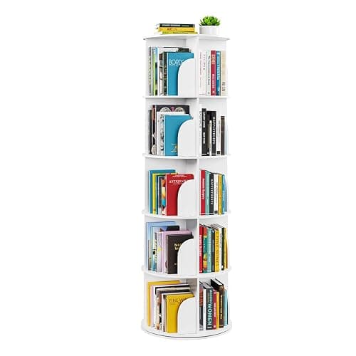 SpaceAid 5 Tier Rotating Bookshelf Tower, Spinning Bookcase Lazy Susan, Revolving 360 Book Shelf Storage Round Carousel, Vertical Rotate Turning Spiral Corner Organizer, White - Image 1