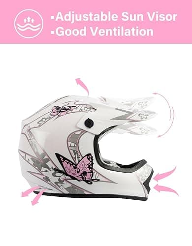 TCT-MOTORPARTS DOT Youth Kids Dirt Bike Full Face Helmets Motocross ATV Offroad Four Wheeler Helmet Pink Butterfly Small Size thumbnail 5