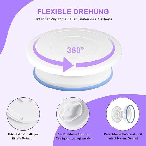 Torten Zubehör Set, 137-teiliges, mit Drehteller Tortenplatte Drehbar, Edelstahl und PP-Material, Lnklusive Kuchenschaber, Spritztüllen Set Cake Decorating Turntable für Anfänger und Profis(Lila) thumbnail 6