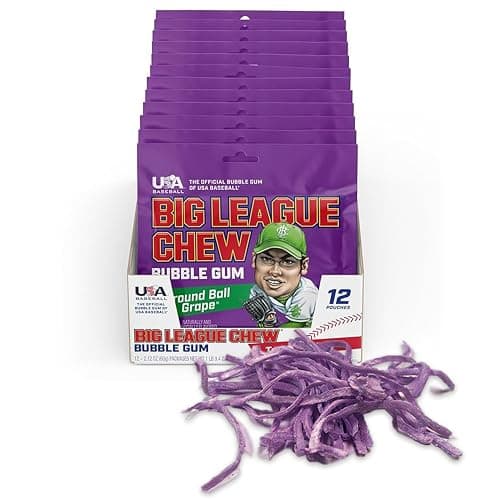 Big League Chew Ground Ball Grape Bubble Gum - Juicy Grape Flavor Explosion | Ideal for Baseball Games, Teams, Concessions, Parties, and More | Pack of 12 Bags (2.12oz Each) - Image 1
