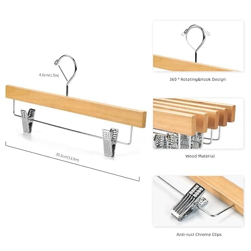 Nature Smile Wooden Pants Hangers Skirt Hanger Solid Lotus Wood Jeans Bottom Hanger with Clips Natural Color(20 Pack) thumbnail 3