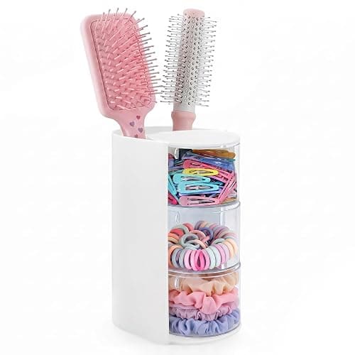 neotidy Hair Accessories Organizer with Hair Brush Holder, Rotating Hair Tie Product Organizer for Girls, 3-Tier Makeup Brush Holder for Clips, Bows & Brushes (White, 3-Tier) - Image 1
