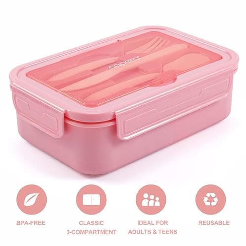 Caperci Classic Bento Box Adult Lunch Box for Older Kids - Leakpoof 47 oz 3-Compartment Lunch Containers for Adults and Teens, Built-in Utensil Set, Ideal for On-the-Go Balanced Eating, Pink thumbnail 5