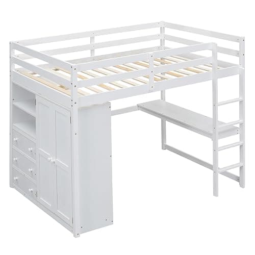 Harper & Bright Designs White Full Size Loft Bed with Desk & Wardrobe, Solid Wood Kids Loft Bedframe w/3 Storage Drawers & 2 Shelves, Maximum Space Design, for Bedroom, Dorm thumbnail 7