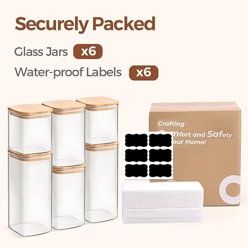 ComSaf Airtight Glass Storage Canister with Lids (0.7Qt/1.2Qt/1.6Qt) Set of 6, Food Storage Container Kitchen Pantry Storage Jar, Glass Jars for Flour Cereal Sugar Tea Coffee Beans Snacks, Square thumbnail 8