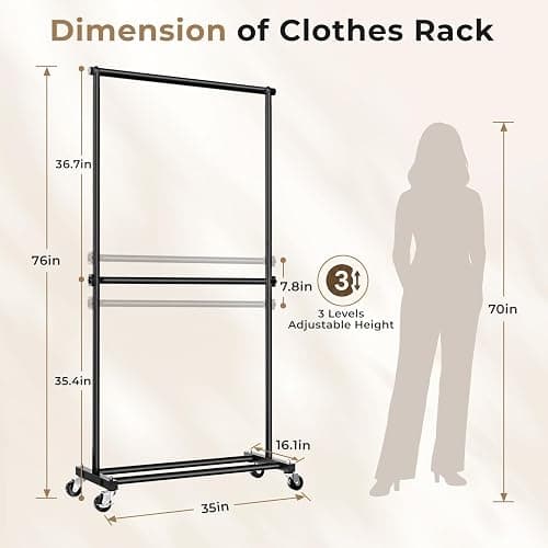 JIEJIERUI Double Rod Clothes Rack, 35" Wide Rolling Rack for Clothes, Portable Clothing Racks for Hanging Clothes, Metal Garment Racks with Wheels for Bedroom Laundry, Black thumbnail 2
