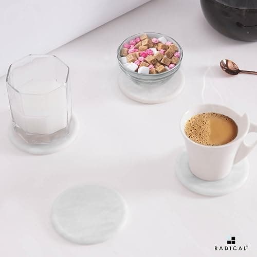 Radicaln White Marble Coasters Set of 6 Handmade 3.5" Inch Round Coasters for Drinks, Elegant Coaster Set with Holder for Dining and Coffee Table thumbnail 3