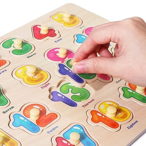 GRINNNIE Wooden Peg Puzzle for Toddlers, 6 Pack Toddler Puzzles Set for 3 4 5 Years Old (Alphabet Number Shape Animal Dinosaur Vehicle), Preschool Education Learning Puzzle Toys for Girls and Boys thumbnail 5