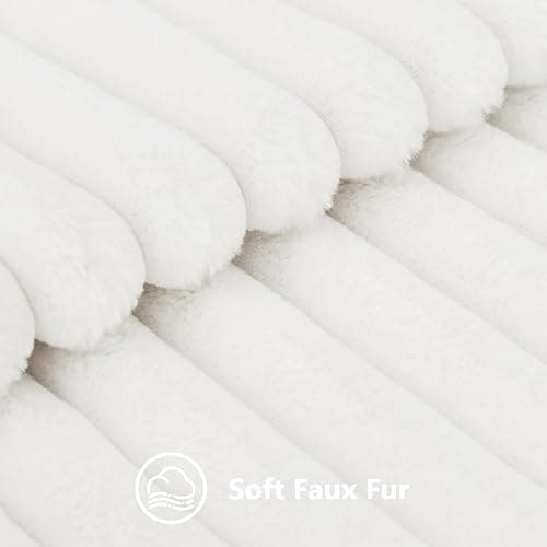 Faux Fur Throw Pillow Covers 12x20 Set of 2, Decorative Soft Plush Striped Lumbar Neutral Couch Euro Pillow Covers with Velvet Back for Sofa, Bed, Living Room Home Decor, White thumbnail 3