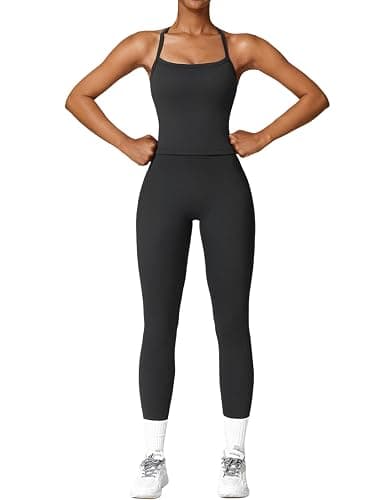 QBGJTD Womens Workout Sets Two Piece Cross Back Tank Top Matching High Waist Leggings Sets Gym Outfits Work Out Clothes - Image 1