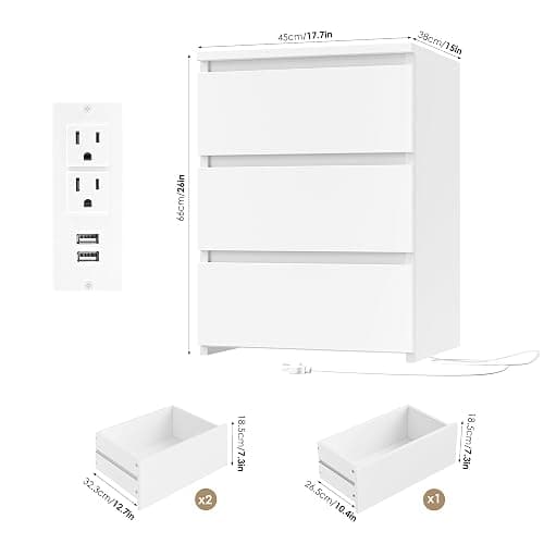 FOTOSOK White Nightstand, 26" H Night Stand with Charging Station, White Nightstand with USB Ports & Power Outlets, Silent Slides, Wooden End Side Table Bedside Table with 3 Drawers for Bedroom thumbnail 3