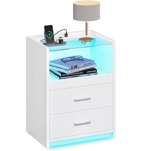 AOGLLATI LED Nightstand with Charging Station, Night Stand with Pull-Out Tray, 2 Drawers, Bedside Table with LED Lights, Modern End Table with USB Ports Outlets, White thumbnail 8