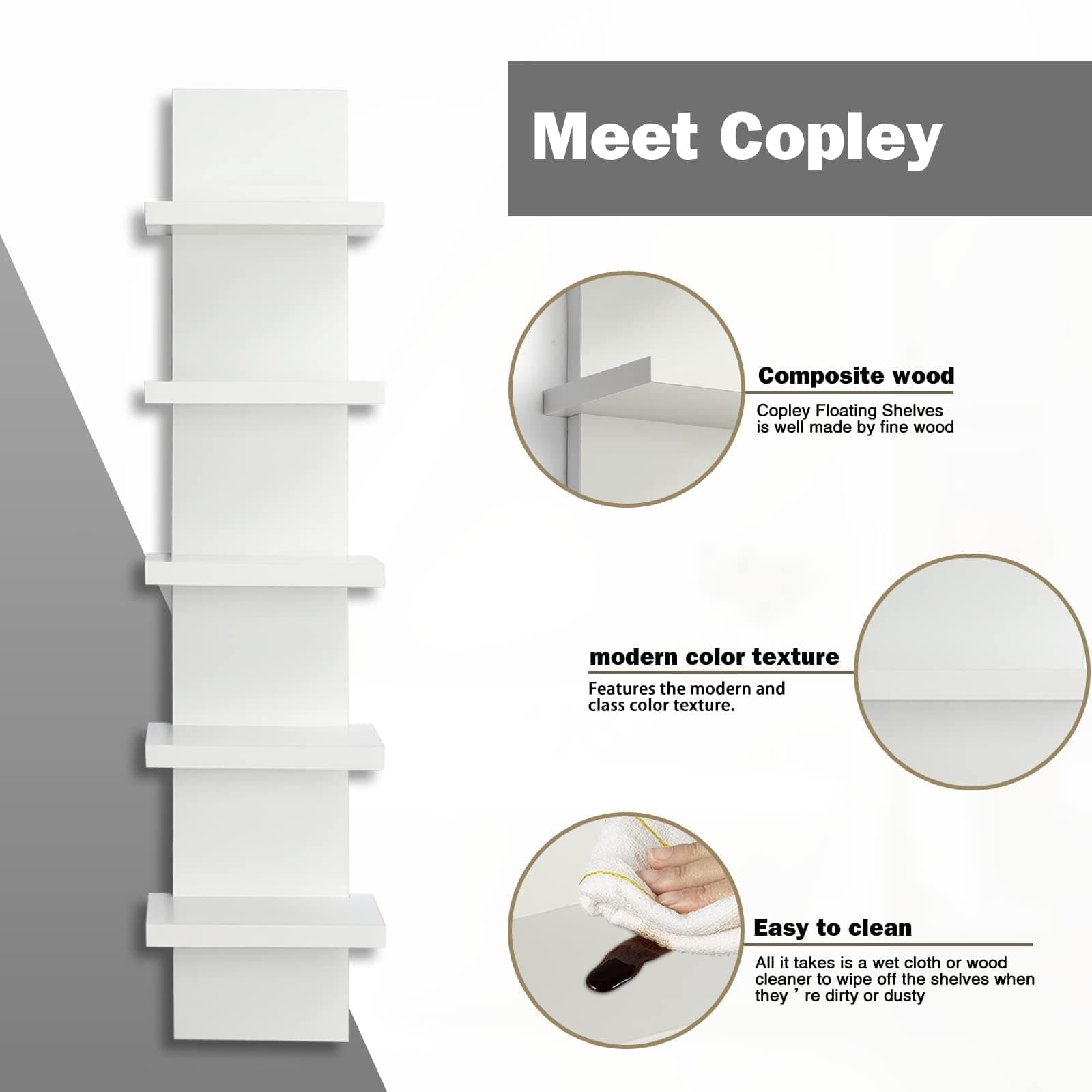 Vertical Column Wall Mount Floating Wood Spine Shelf Unit 5 Tier Slim Living Room Bedroom Organizer Small Stack Tall Narrow Thin Home Decor Display Modern Utility Makeup Vanity Bathroom Storage White thumbnail 5