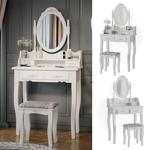 Vicco Coiffeuse Meghan, Blanc, 75cm avec Tabouret, avec Tabouret et Miroir Ovale fixé solidement thumbnail 3