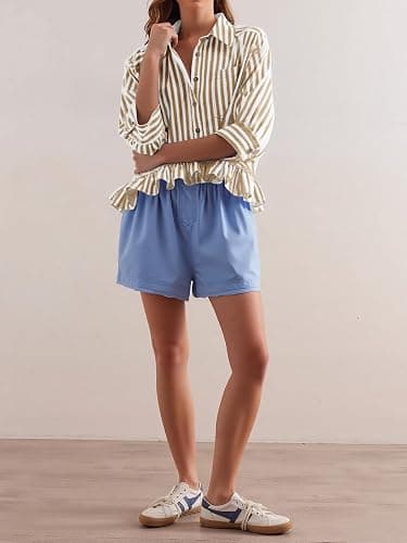 Cicy Bell Womens Cropped Striped Button Down Shirts Ruffle 3/4 Length Sleeve Summer Tops Dressy Casual Blouses thumbnail 4