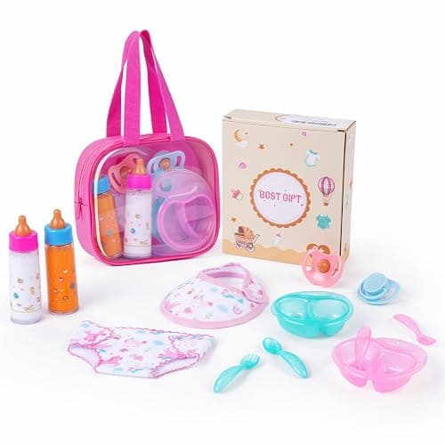 BABESIDE 13 Pcs Baby Doll Accessories Set with Magic Bottles Diapers Pacifiers and Storage Bag, Baby Doll Feeding Set with Realistic Baby Doll Accessories for Girls Pretend Play Toys - Image 1