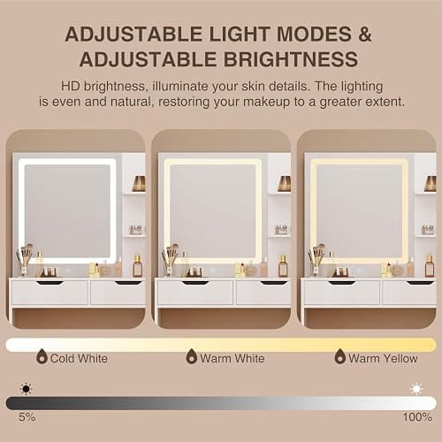 Aiho Makeup Vanity Desk with Mirror & Lights, 43.5" Table with 5 Drawers & Shelves, Adjustable Brightness & 3 LED Modes - Dressing Table Set for Bedroom, White thumbnail 4