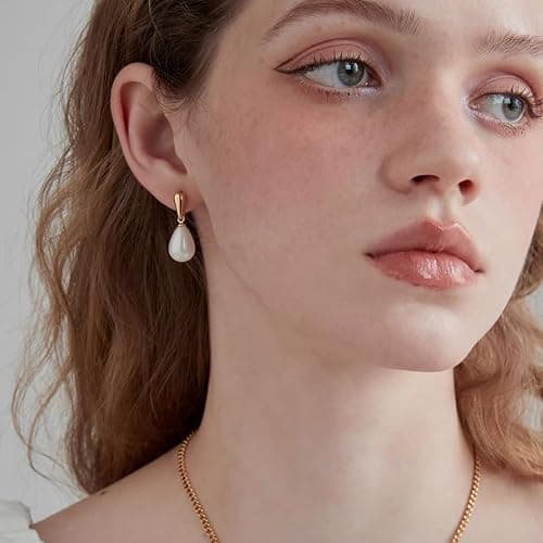 14k Gold Plated Lightweight Pearl Earrings,Trendy Jewelry,Teardrop Hoop Earrings for Women,Pearl Drop Earrings,Elegant Jewelry for Gifts thumbnail 4