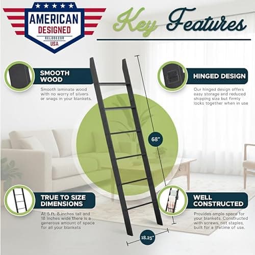 Blanket Ladder for the Living Room and Bedroom, Quilt Rack, 6-Tier, Black | 5ft 8 inch, Wall Leaning Blanket Holder, Laminate Snag Free, Rustic Decorative Farmhouse Ladder Shelf for Blankets thumbnail 2