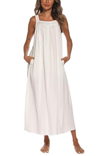 YOZLY Cotton Nightgowns for Women Embroidery Sleeveless Night Gown with Pockets S-XXXL - Image 1