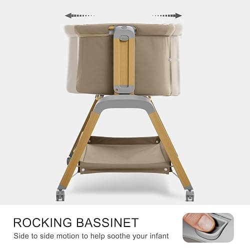 Jimglo 3 in 1 Baby Bassinet, Rocking Bassinets with Comfy Mattress and Wheels, Adjustable Height Bassinet Bedside Sleeper, Easy Folding Portable Crib for Newborn (Khaki) thumbnail 4