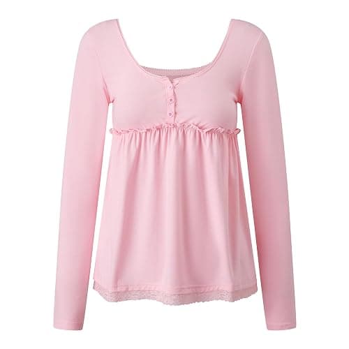 Womens Babydoll Top Y2K Long Sleeve Peplum Flowy Tee Shirt | 65% Cotton,Teen Girls Cute Baby Doll Shirts,Square Neck Button Front Henley T Shirt,Fairy Grunge Aesthetic Top thumbnail 6