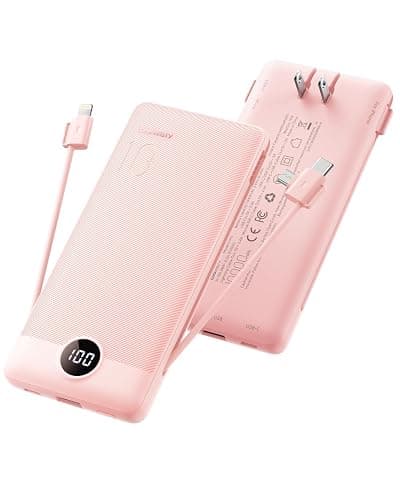 Coowisty Portable Charger Built-in Cables and Wall Plug, 10000mAh Slim USB C Power Bank, LED Display External Battery Pack Compatible with iPhone/Android & More (Pink) - Image 1