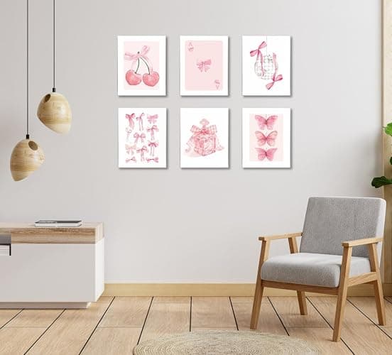 MINI ZOZI Pink Bow Decor 8X10 6PCS Bows Coquette Wall Art Trendy Posters Cherry Paintings Preppy Poster Decorations Girl Bedroom Dorm Nursery Room Cute Pictures Print Aesthetic thumbnail 3