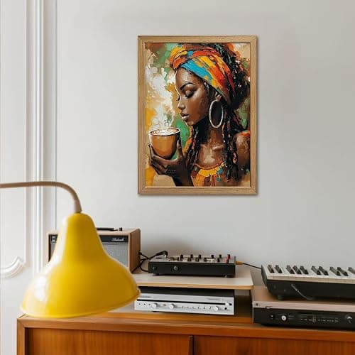 Framed African American Woman Wall Art Modern Colorful Black Woman Canvas Prints Coffee Afrocentric Girl Posters Pictures Fashion African Tribal Girl Wall Decor Painting Ready To Hang 8x10in Framed thumbnail 8
