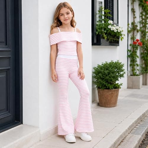 Girls 2 Piece Outfit Off Shoulder Fitted Striped Top & Flare Pants Set | Cute Summer Matching Clothes with Bell Bottom Pants, Casual Vacation Outfit for Tween Girls 7-14 Years thumbnail 4